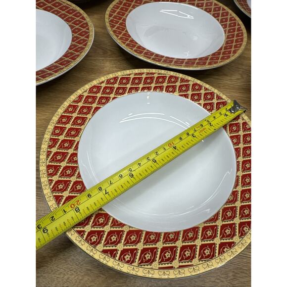 Highgate Manor Royal Tiara Red & Gold Diamond 8.5” Rimmed Soup Bowl~7 Pc Set - Picture 5 of 8